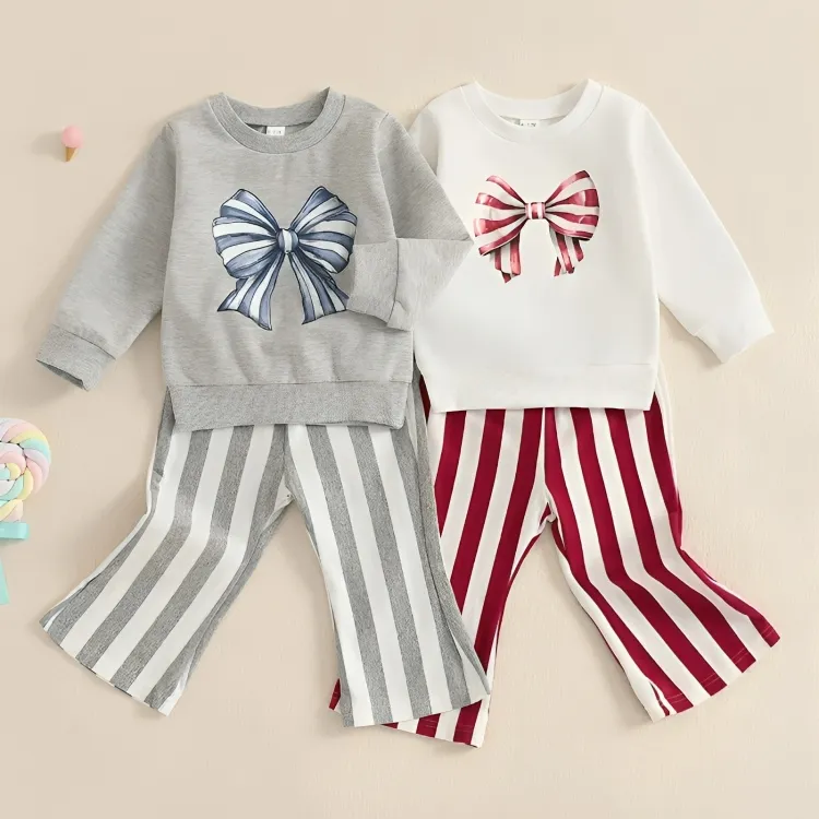 Long Sleeve Striped Bow Print Flare Baby Set