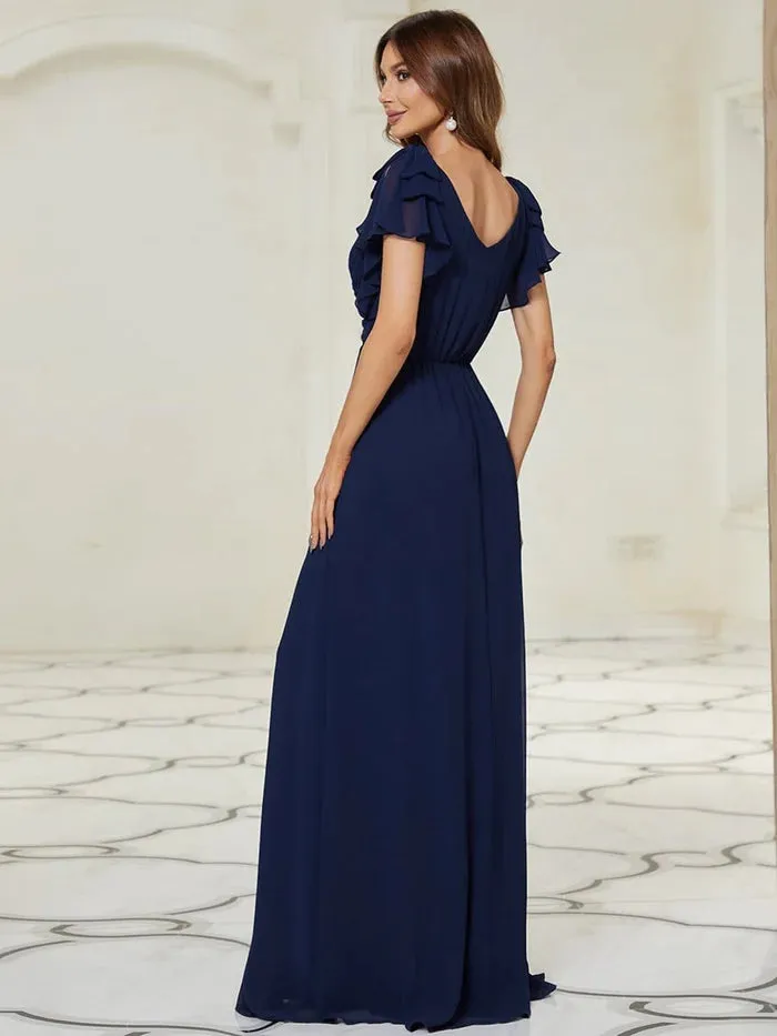 Maxi Long Chiffon Evening Dress for Women with Ruffles Sleeves