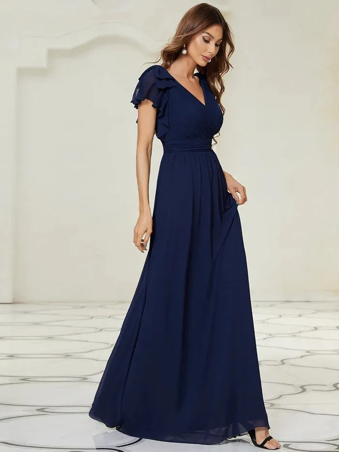 Maxi Long Chiffon Evening Dress for Women with Ruffles Sleeves