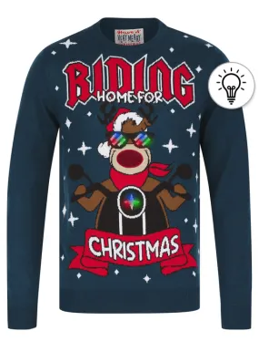 Men's Rude Angel Motif LED Light Up Novelty Knitted Christmas Jumper in Marine - Merry Christmas