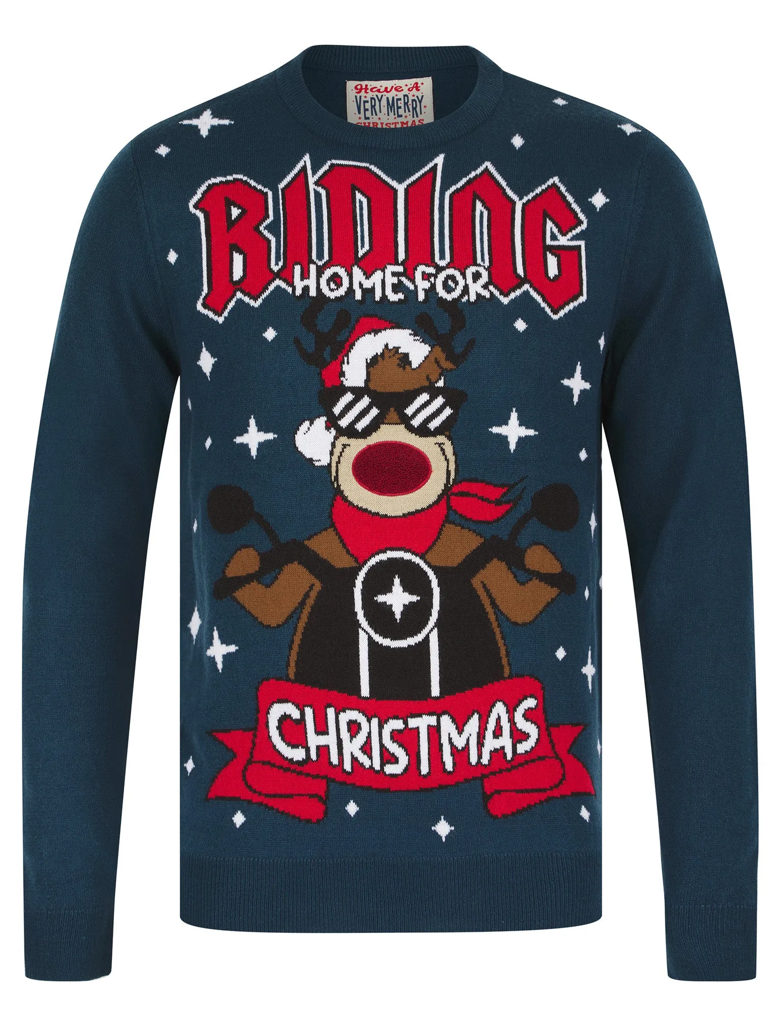 Men's Rude Angel Motif LED Light Up Novelty Knitted Christmas Jumper in Marine - Merry Christmas