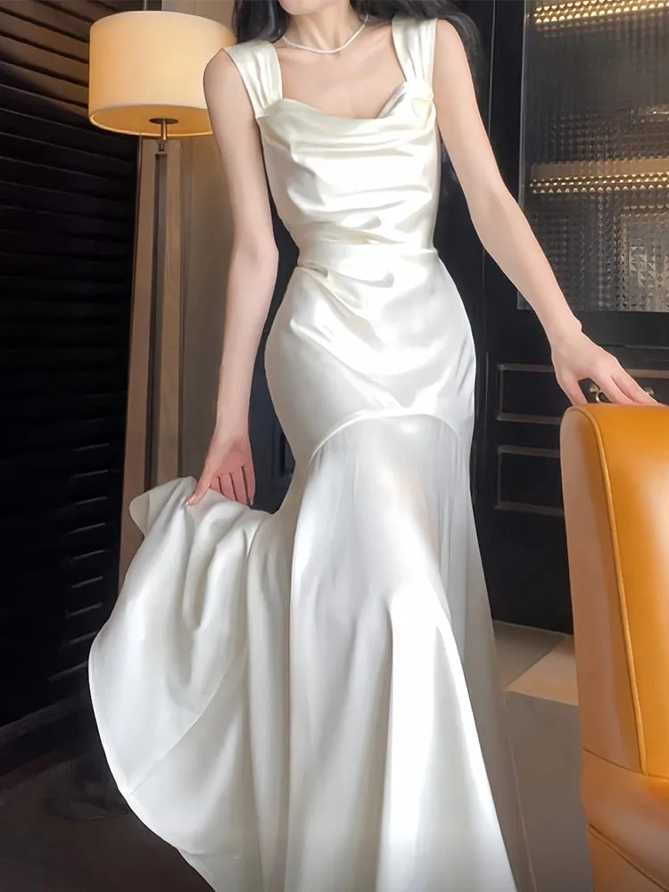 Mermaid satin white long dress engagement dress evening dress    S5941