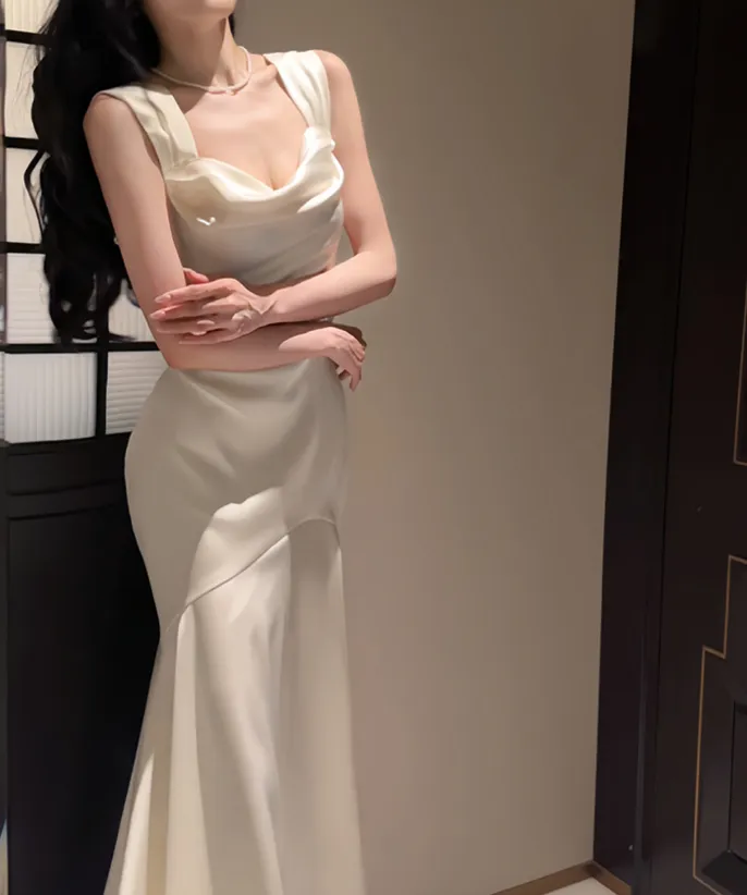 Mermaid satin white long dress engagement dress evening dress    S5941