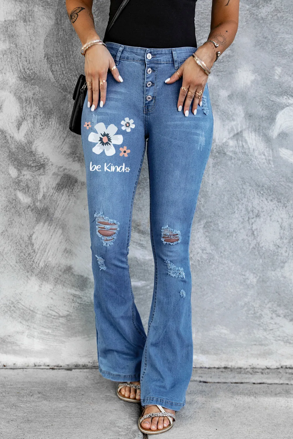 Mid Rise Button Front Flare Denim