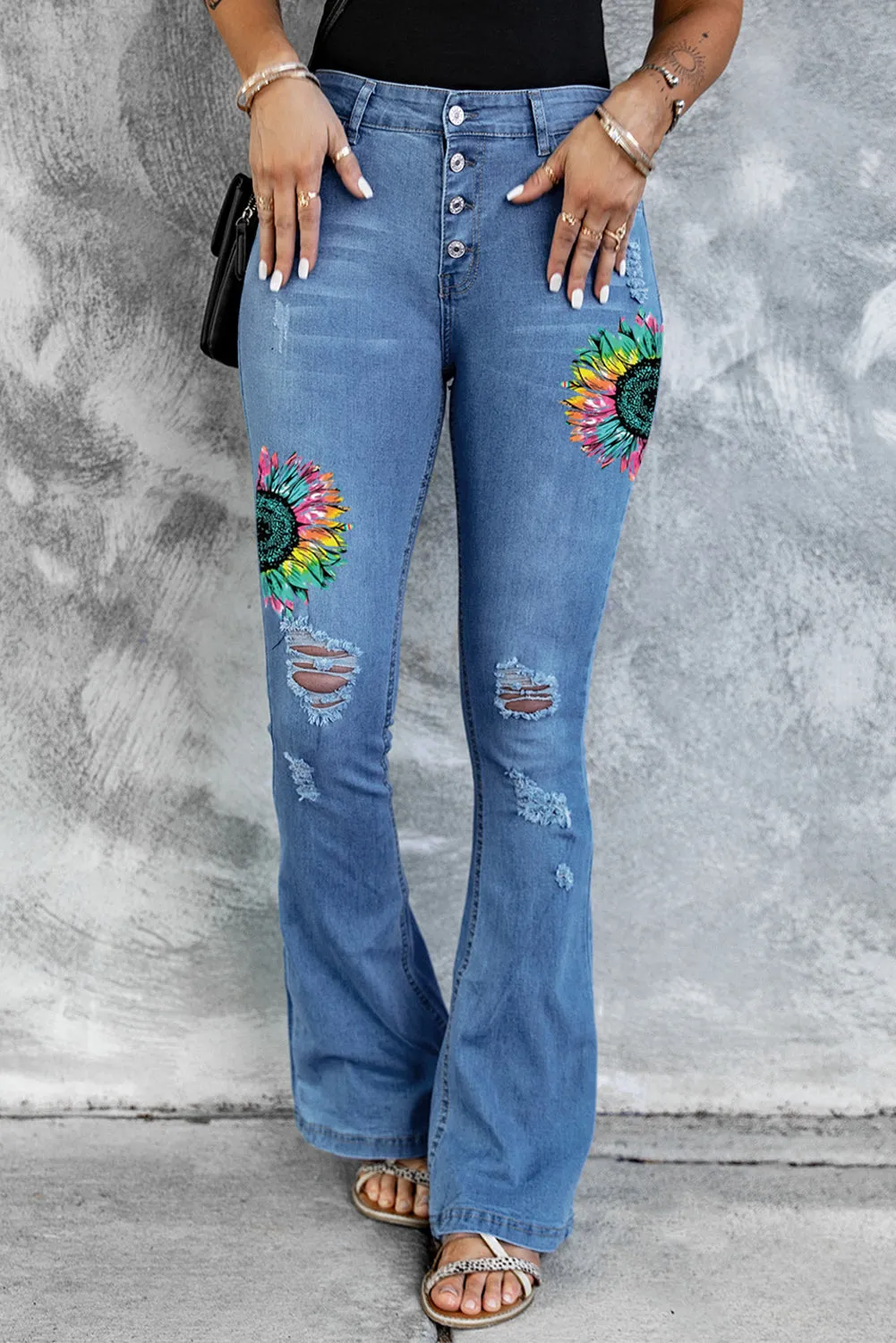 Mid Rise Button Front Flare Denim