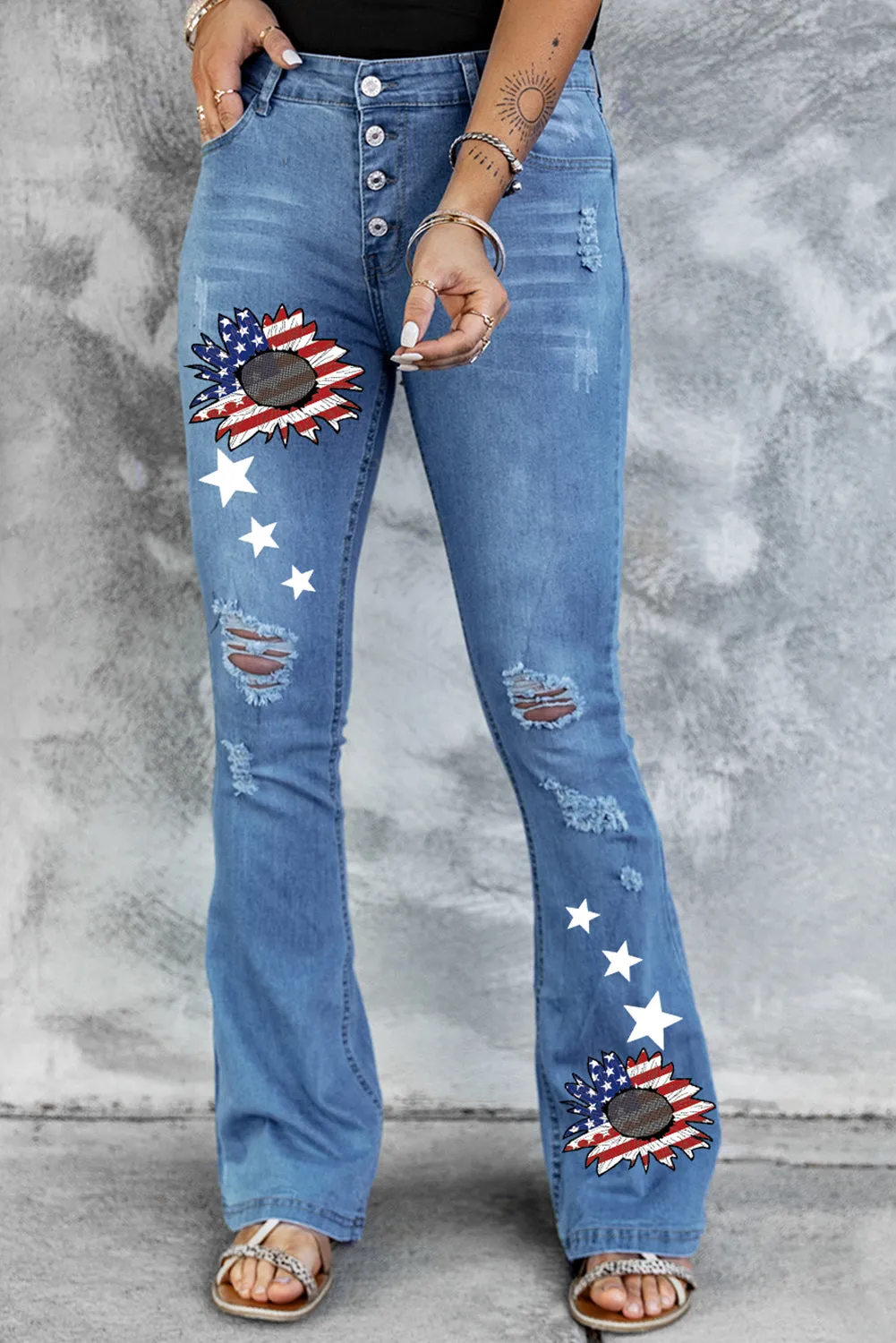 Mid Rise Button Front Flare Denim