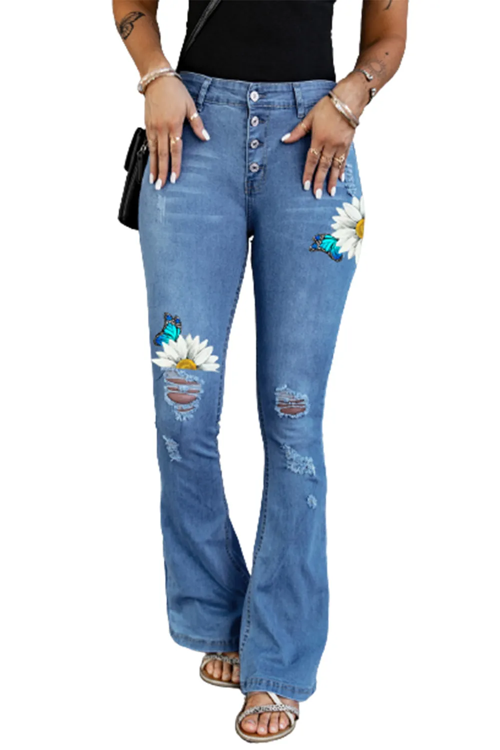 Mid Rise Button Front Flare Denim