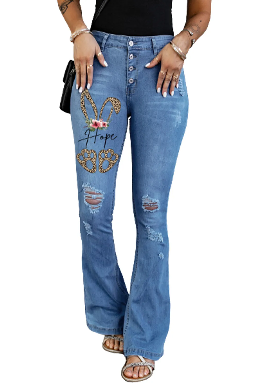 Mid Rise Button Front Flare Denim