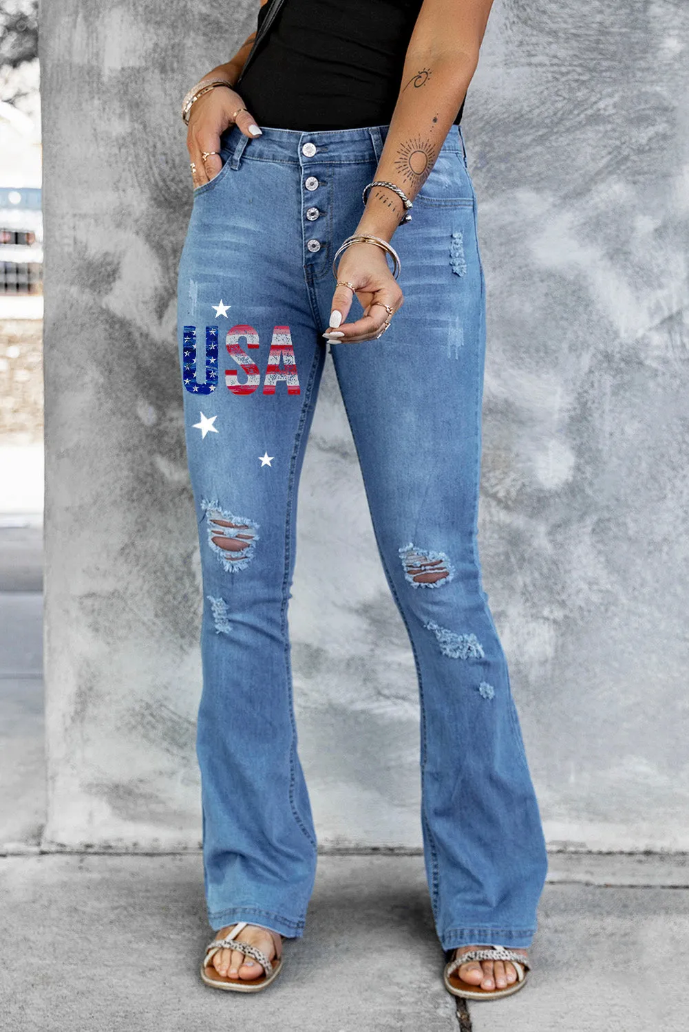 Mid Rise Button Front Flare Denim