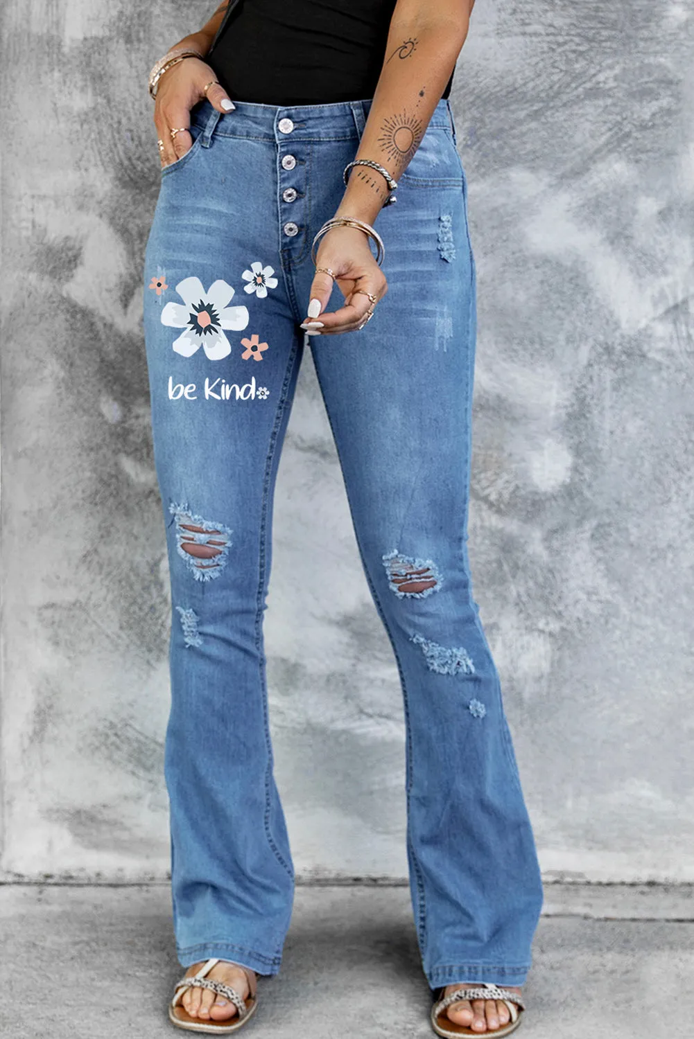 Mid Rise Button Front Flare Denim