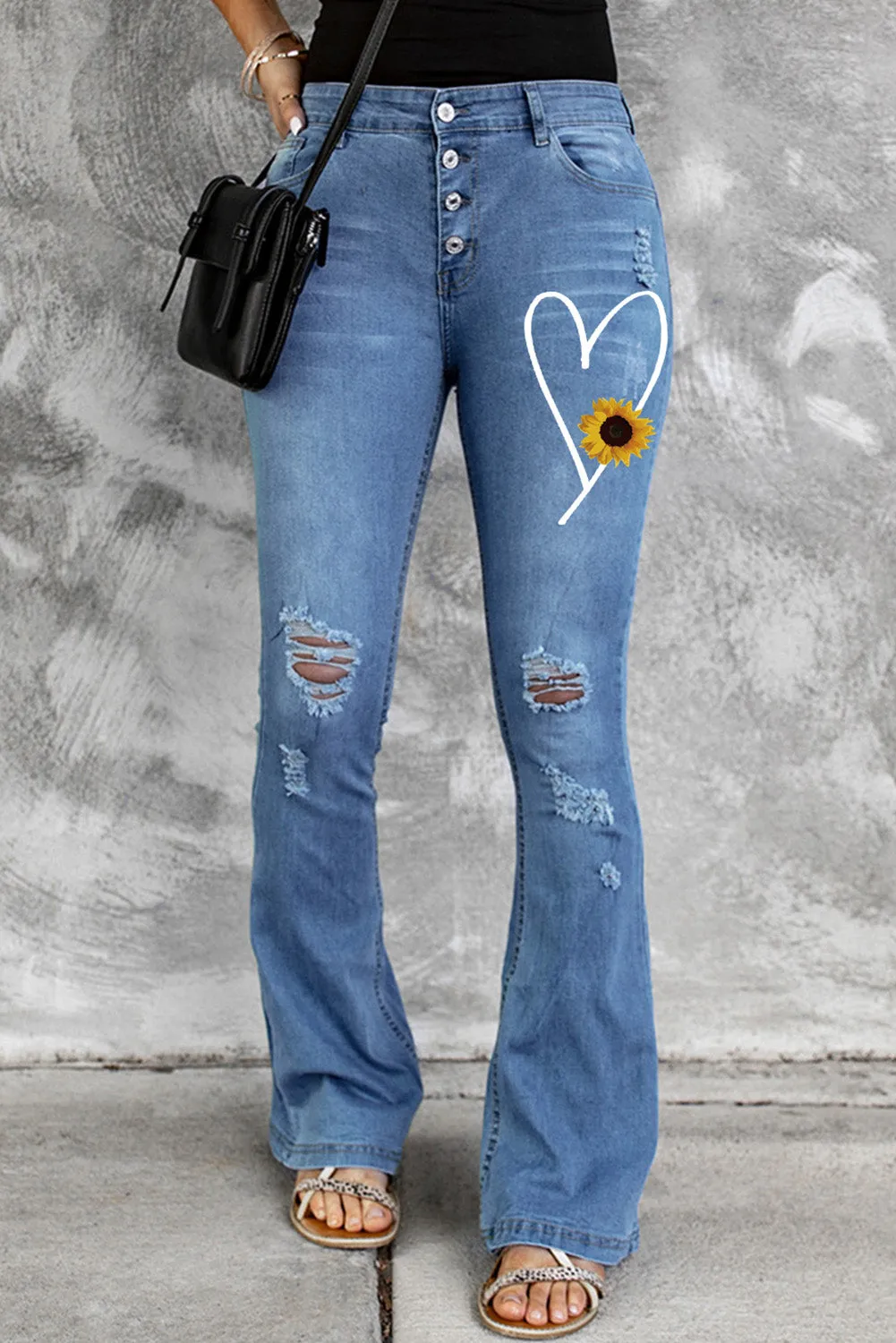 Mid Rise Button Front Flare Denim