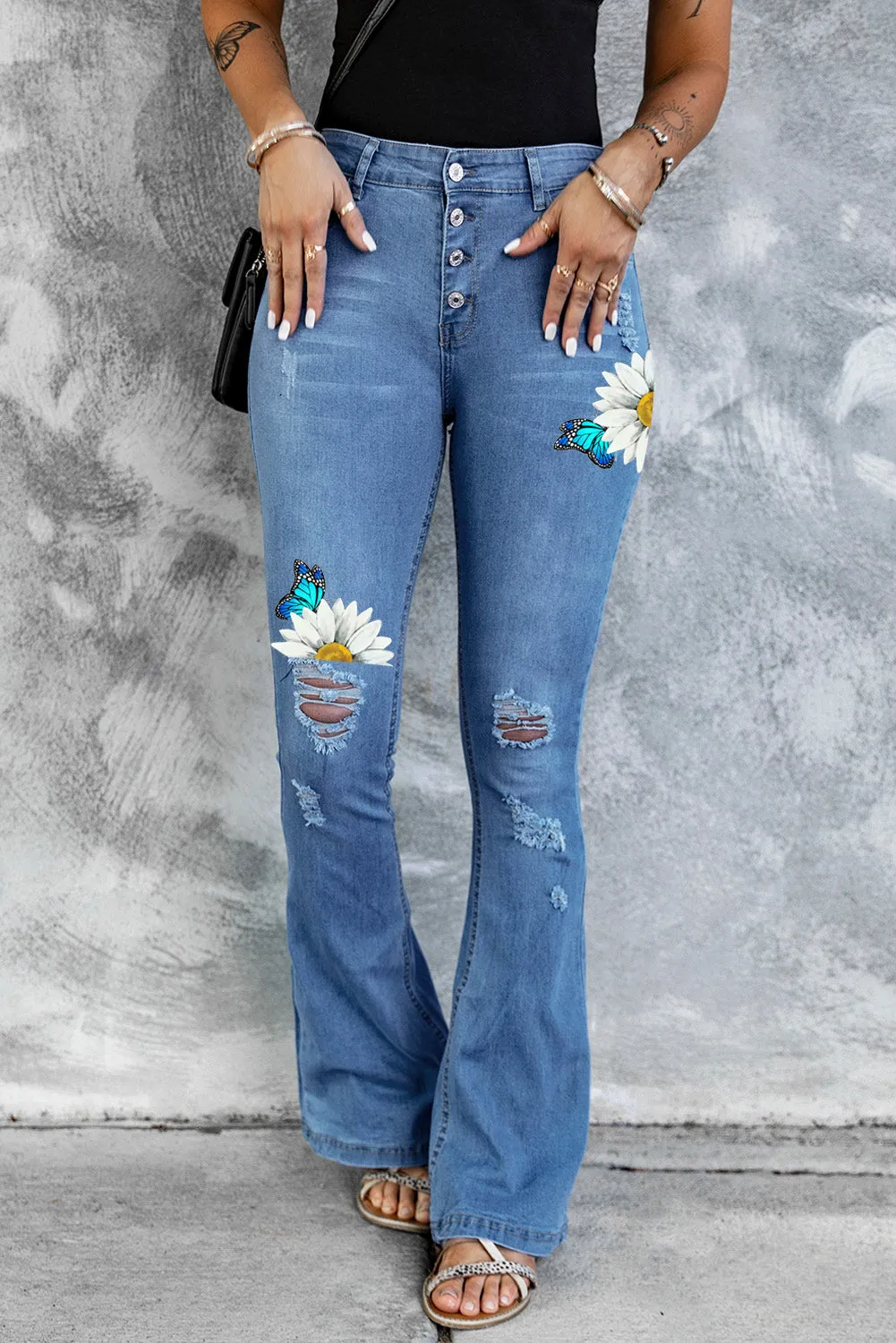 Mid Rise Button Front Flare Denim