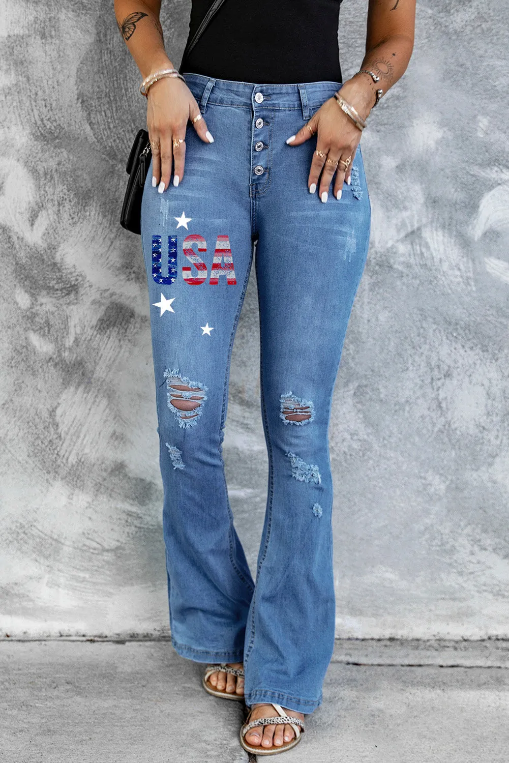 Mid Rise Button Front Flare Denim