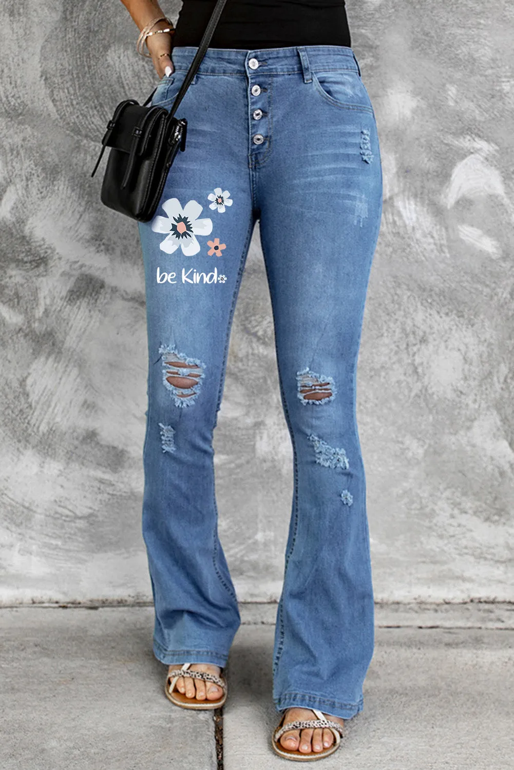 Mid Rise Button Front Flare Denim