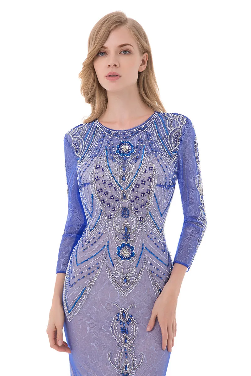 Modest Long Sleeves Royal Blue Lace Long Evening Dress