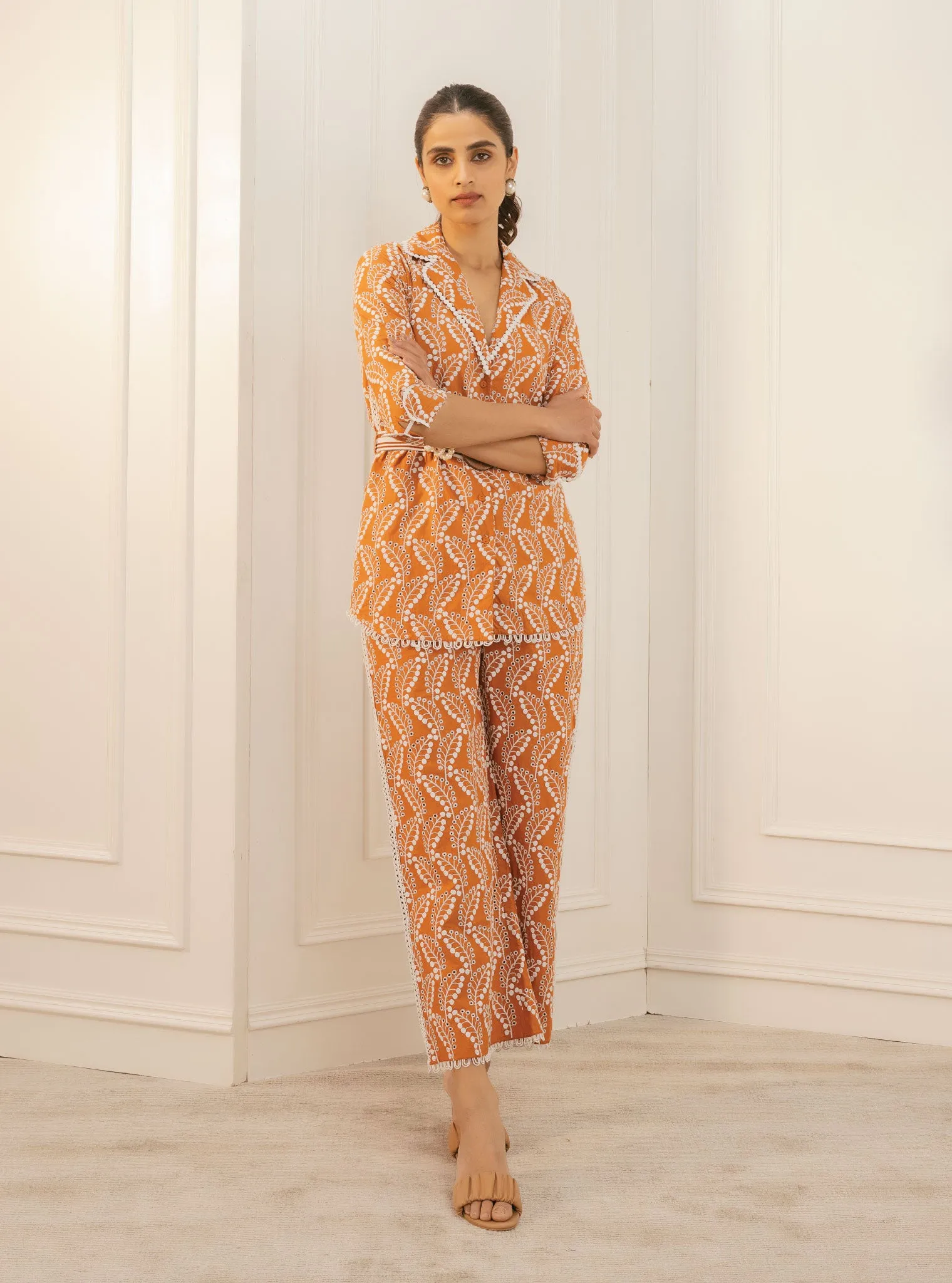 Mulmul Cotton Halo Orange Shirt With Halo Orange Pant