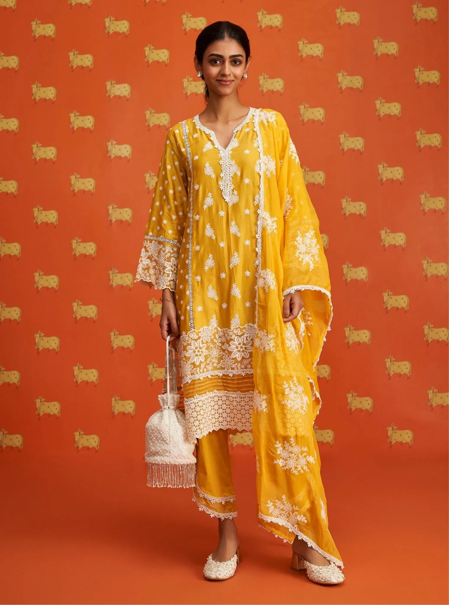 Mulmul Pima Satin Piti Yellow Kurta With Mulmul Pima Satin Piti Yellow Pant