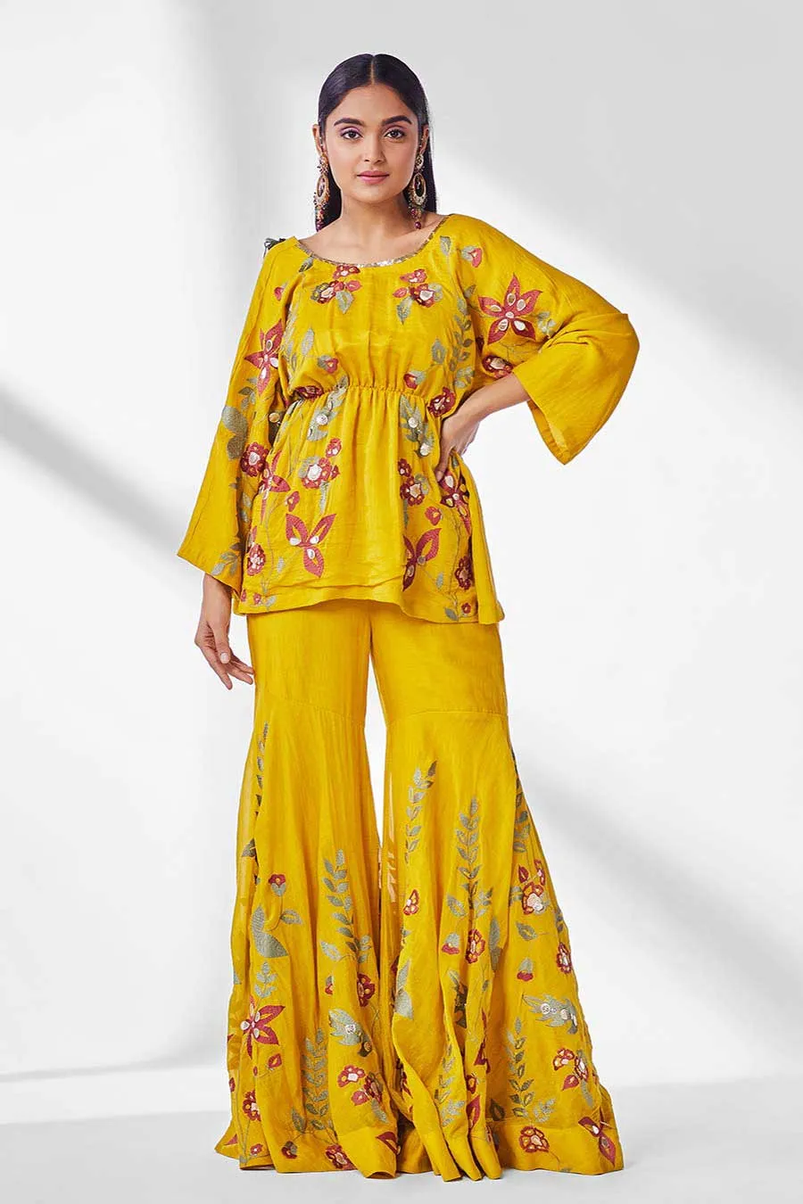 Mustard Peplum Tunic & Gharara Set (Set of 2)