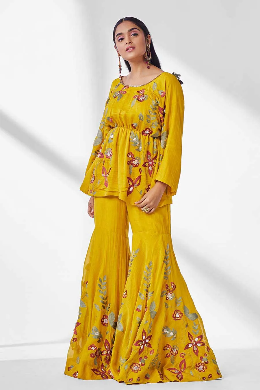 Mustard Peplum Tunic & Gharara Set (Set of 2)