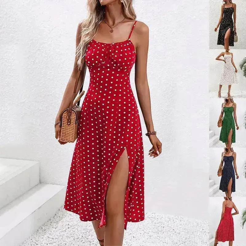 New Polka Dot Print Suspender Dress Summer Charming Slit Long Dresses For Womens Clothing