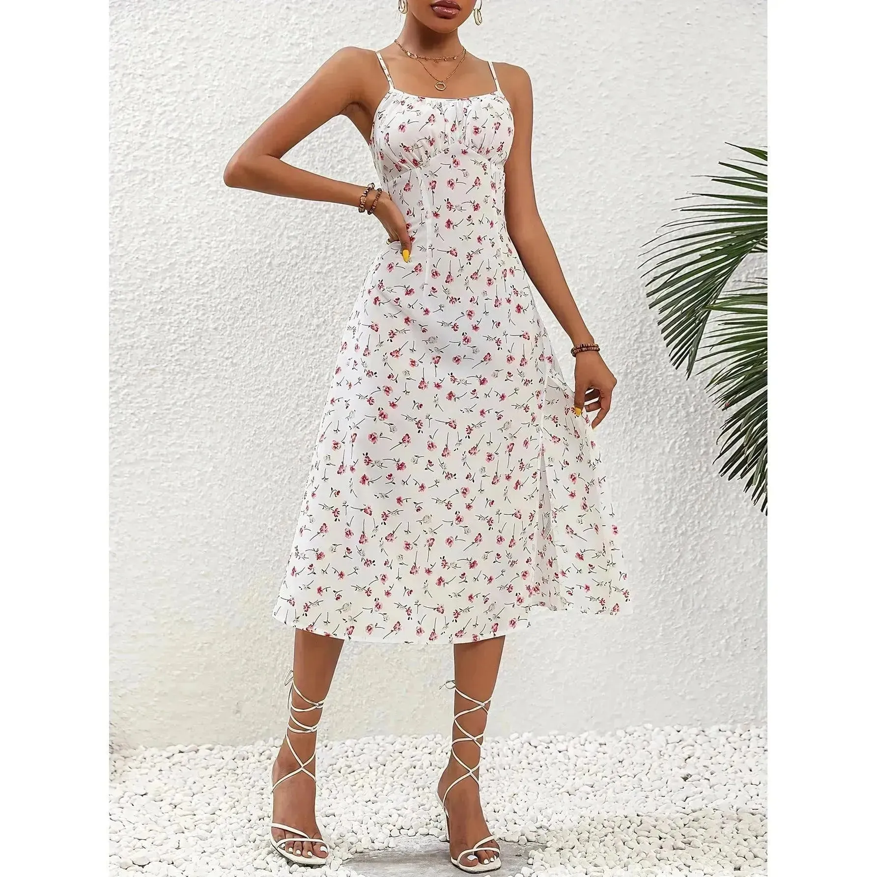 New Polka Dot Print Suspender Dress Summer Charming Slit Long Dresses For Womens Clothing