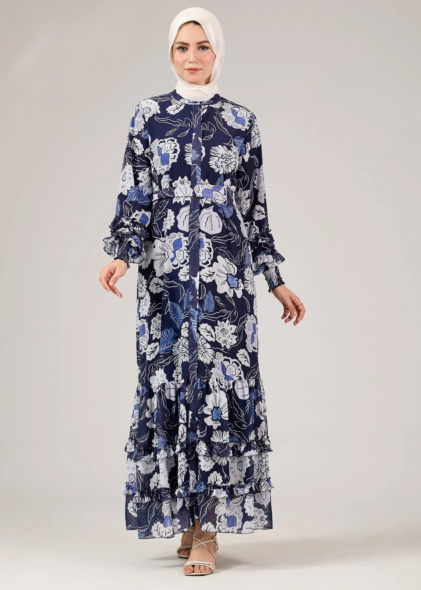 Nidaa Floral Chiffon Modest Dress with Tiered Ruffle Hem and Flared Sleeves