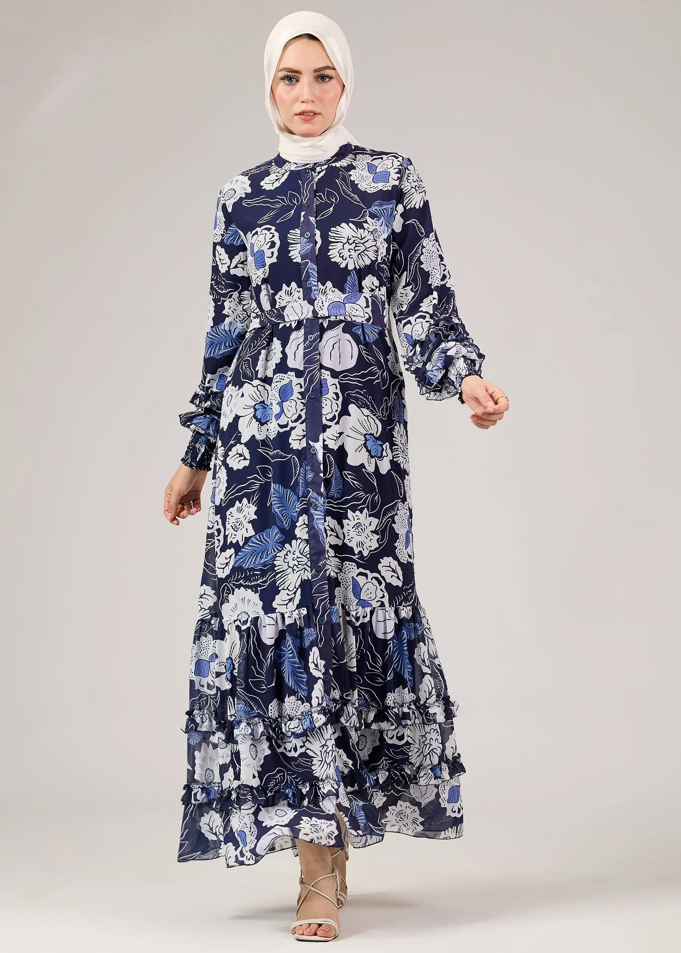 Nidaa Floral Chiffon Modest Dress with Tiered Ruffle Hem and Flared Sleeves