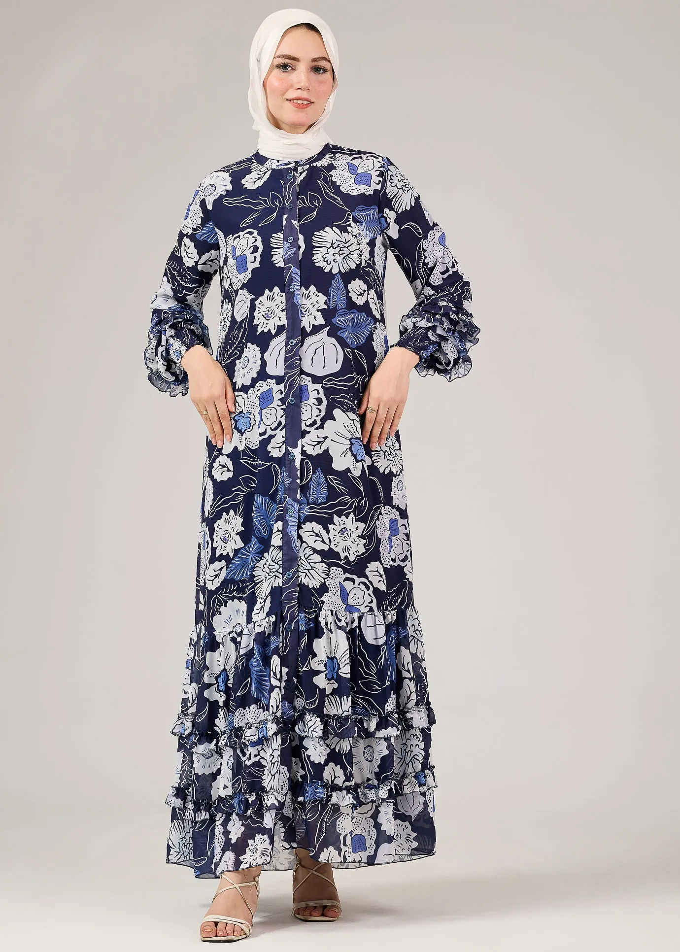 Nidaa Floral Chiffon Modest Dress with Tiered Ruffle Hem and Flared Sleeves