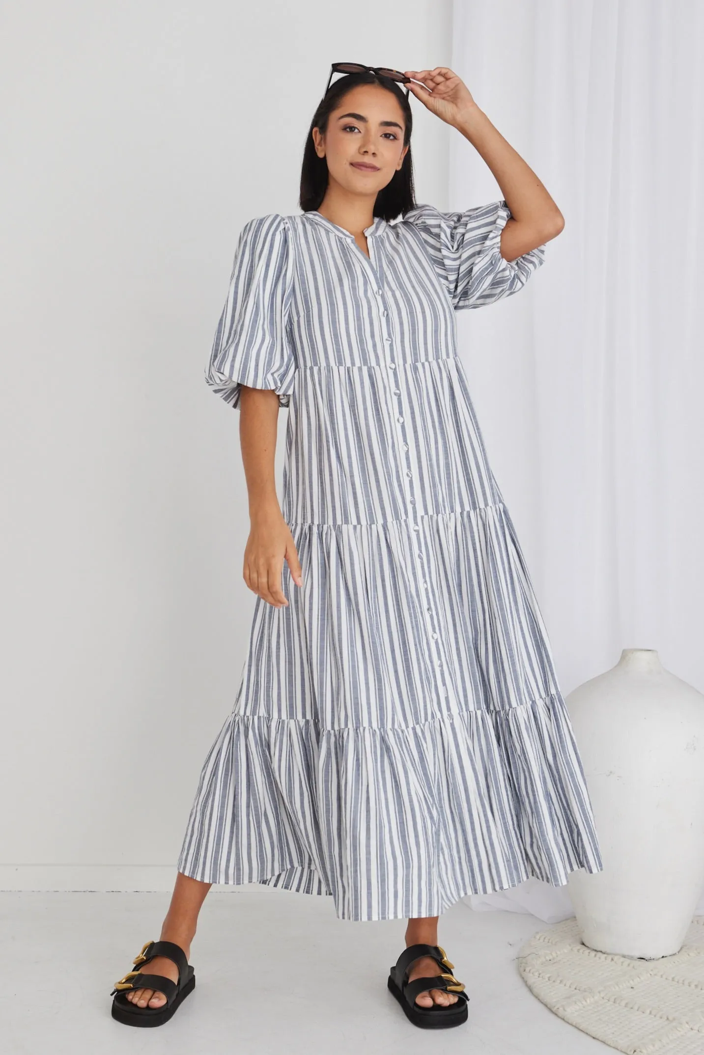 Noya Navy Stripe Puff Ss Buttoned Tiered Maxi Dress