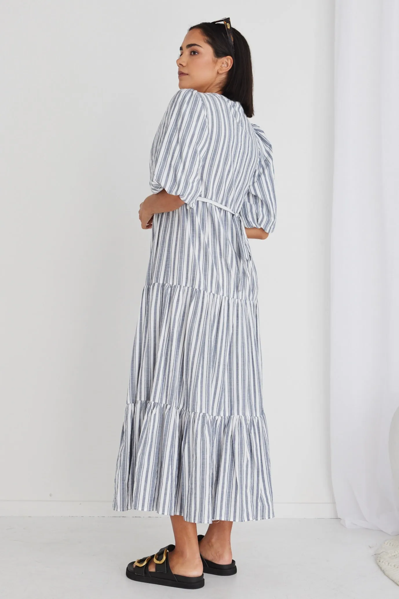 Noya Navy Stripe Puff Ss Buttoned Tiered Maxi Dress