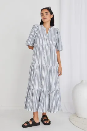 Noya Navy Stripe Puff Ss Buttoned Tiered Maxi Dress