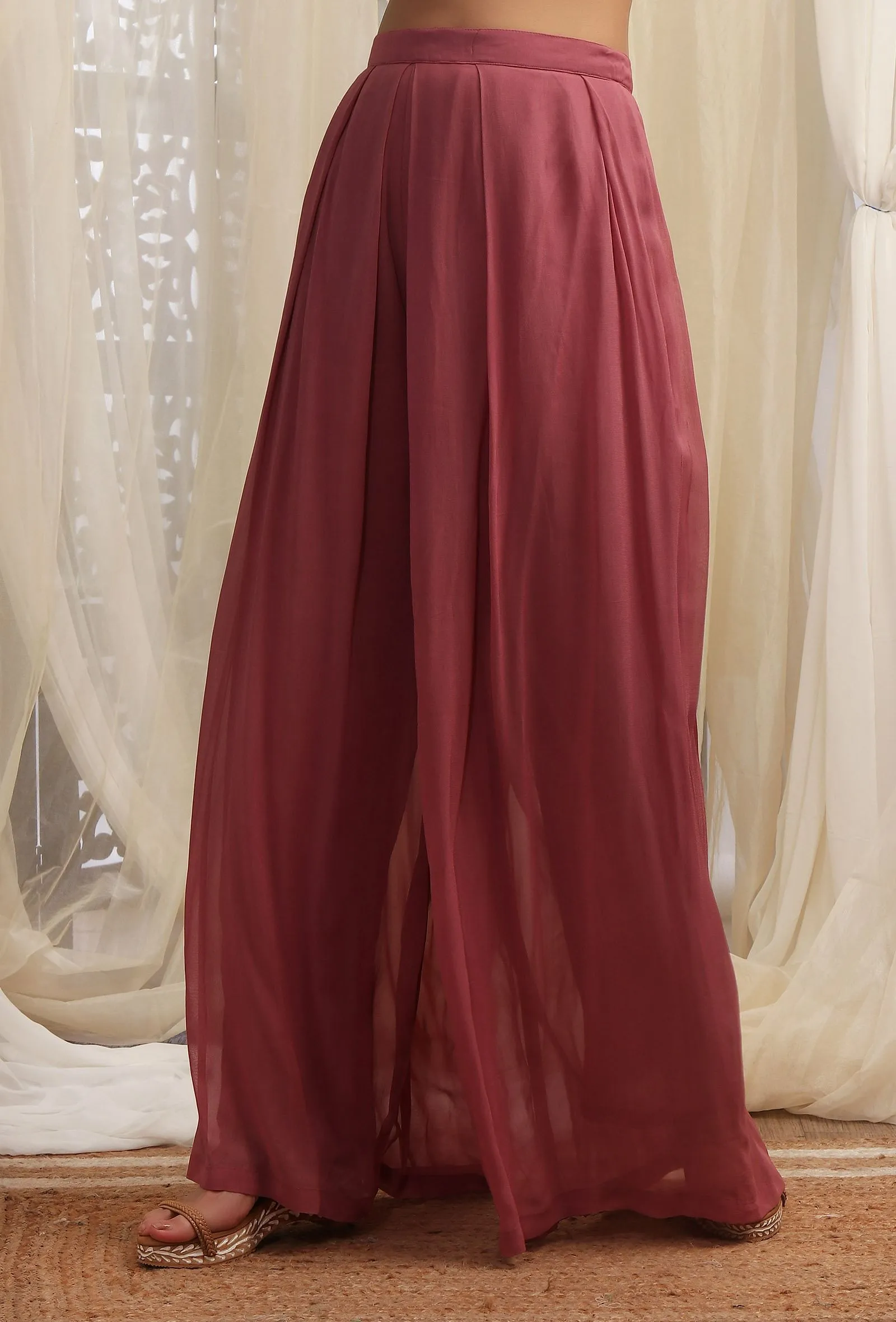 Opera Mauve Plain Georgette Flared Pants