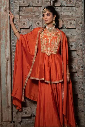 Orange Chanderi Embroidered Cape Set