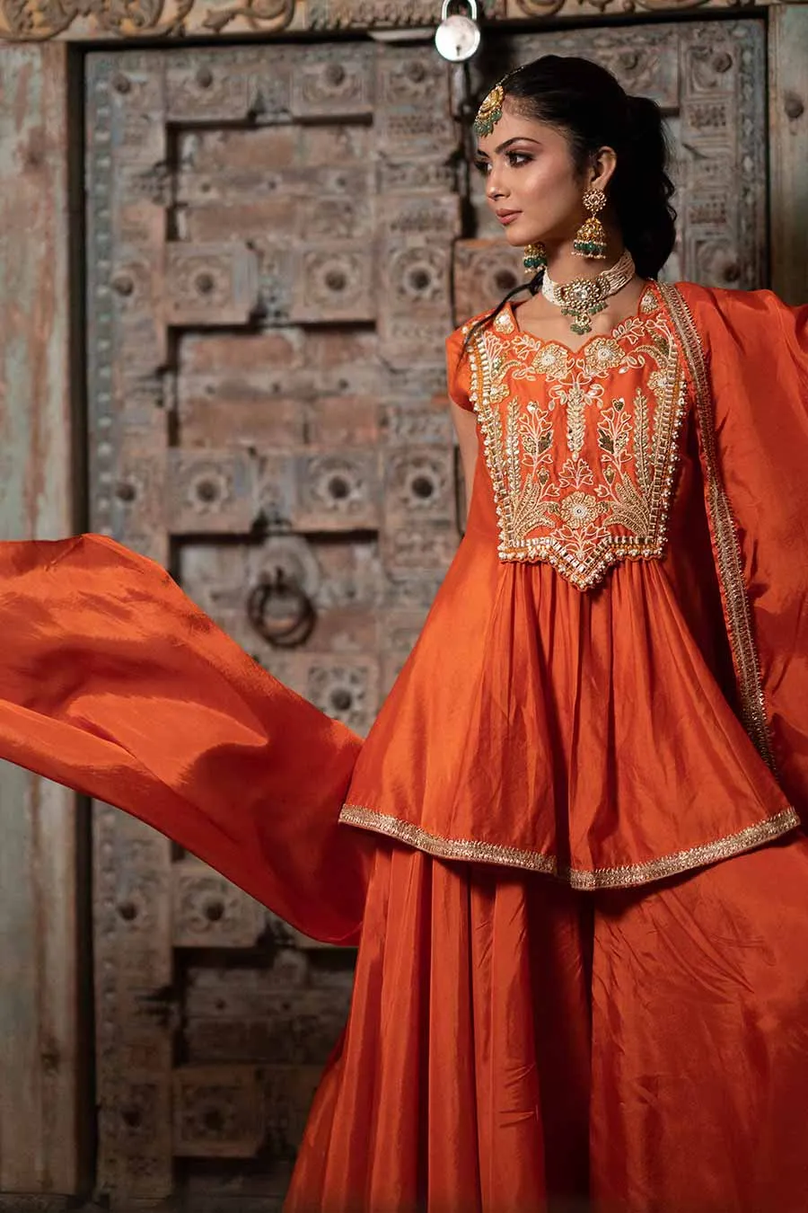 Orange Chanderi Embroidered Cape Set