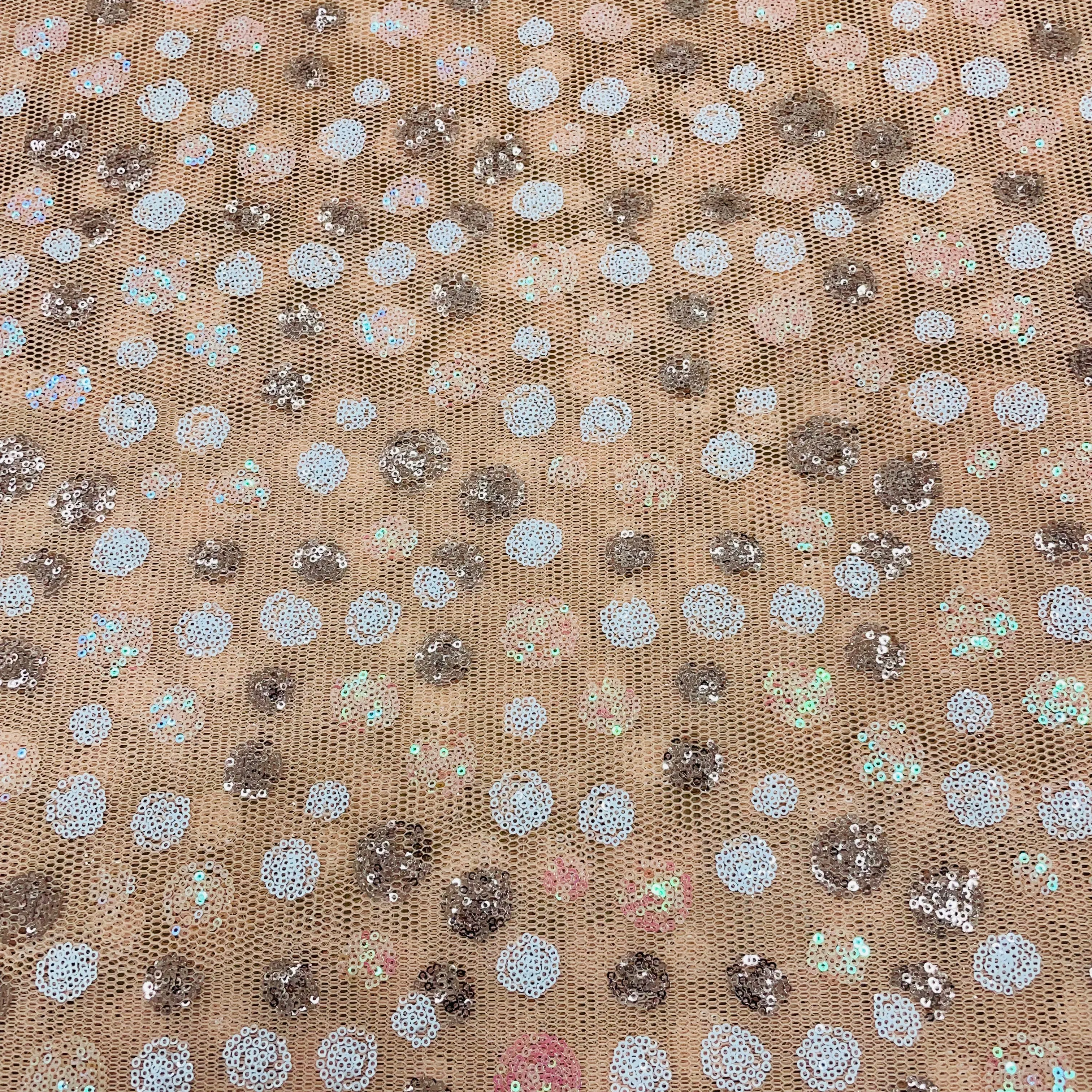 Peach With White Brown Sequins Embroidery Net Fabric