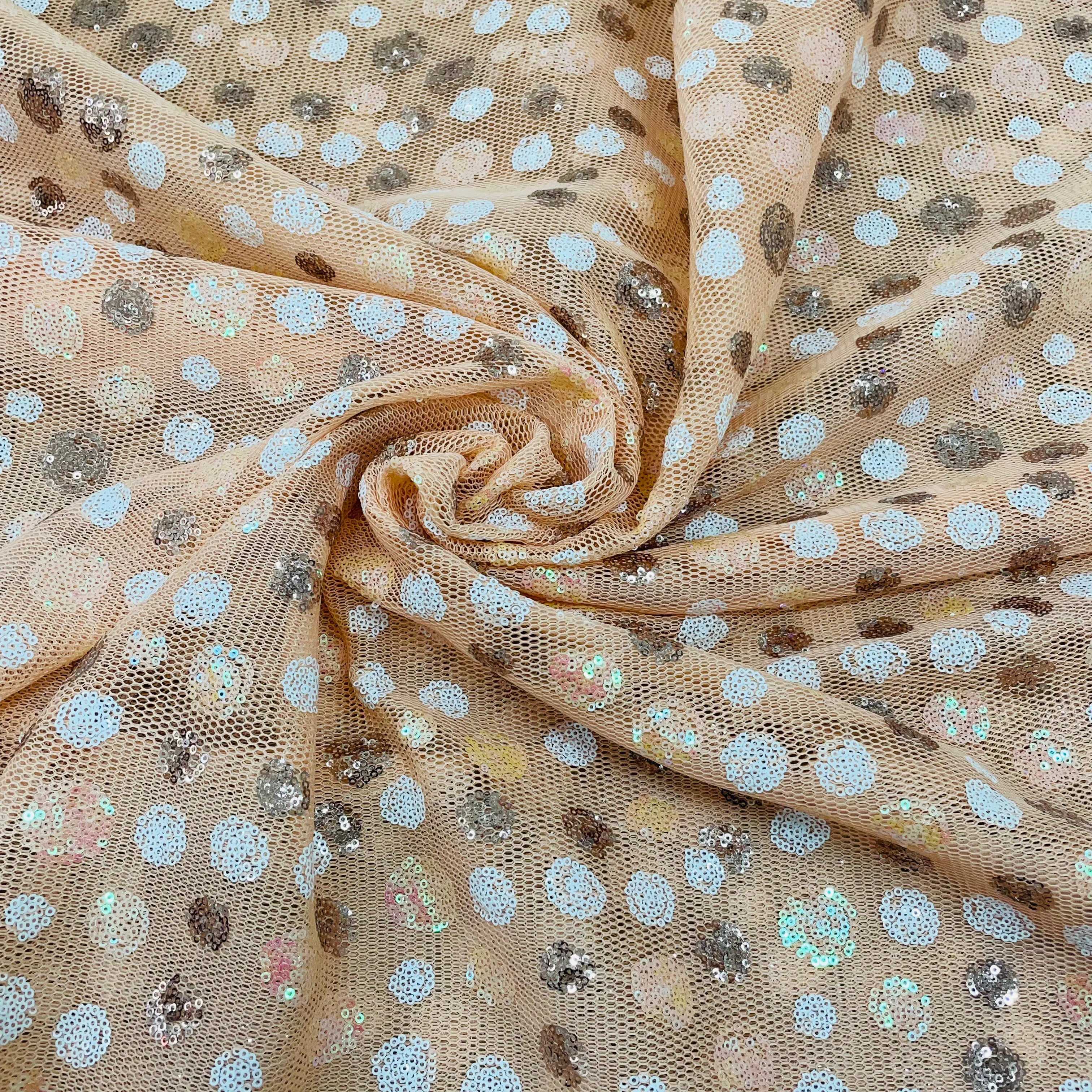 Peach With White Brown Sequins Embroidery Net Fabric