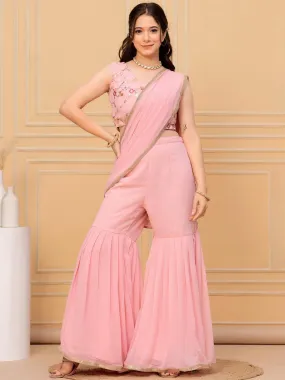 Pink Embellished Georgette Stitched Saree