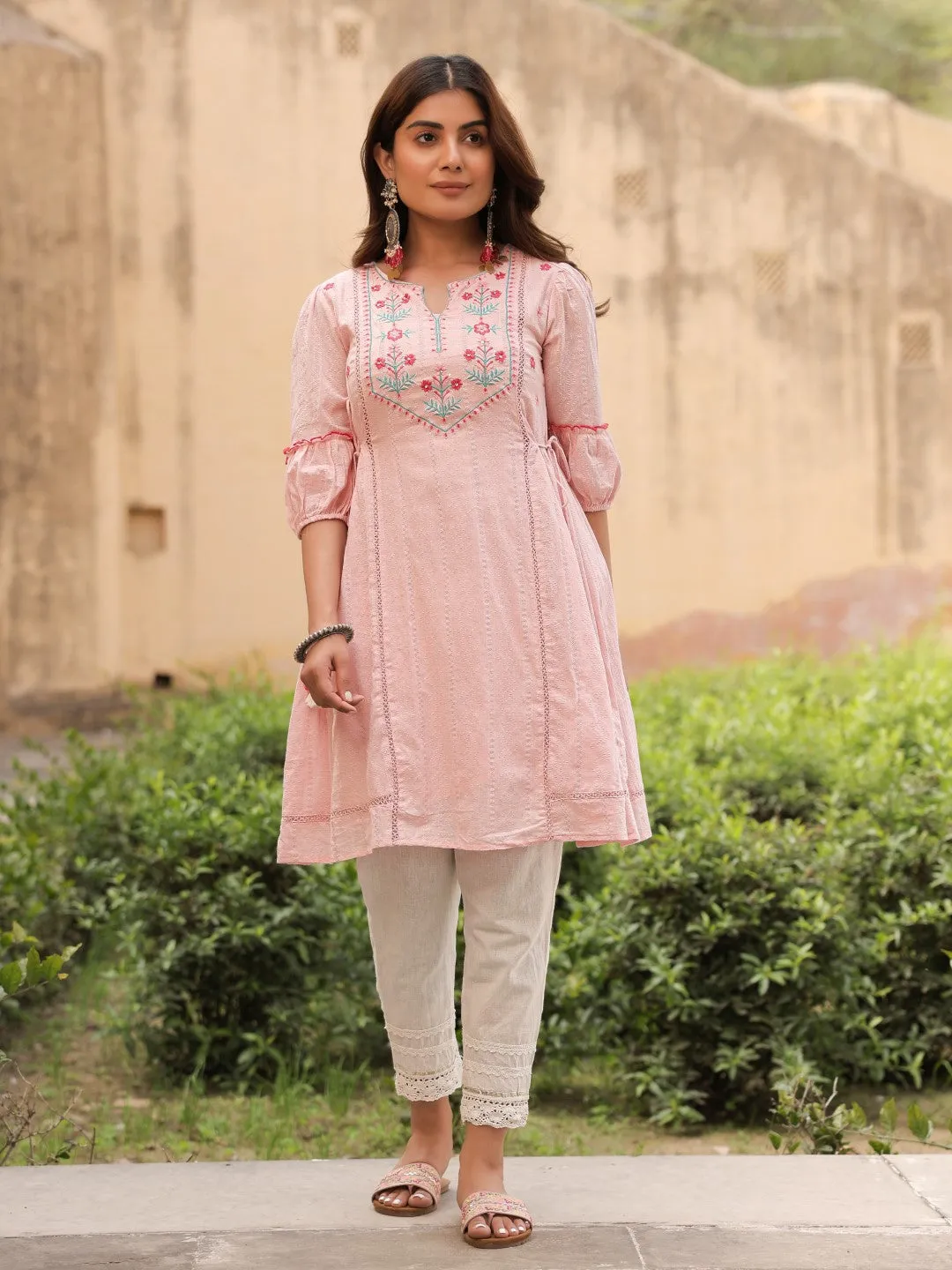 Pink Floral Printed Cotton Dobby Flared Short Kurta With Pant With Thread Embroidery