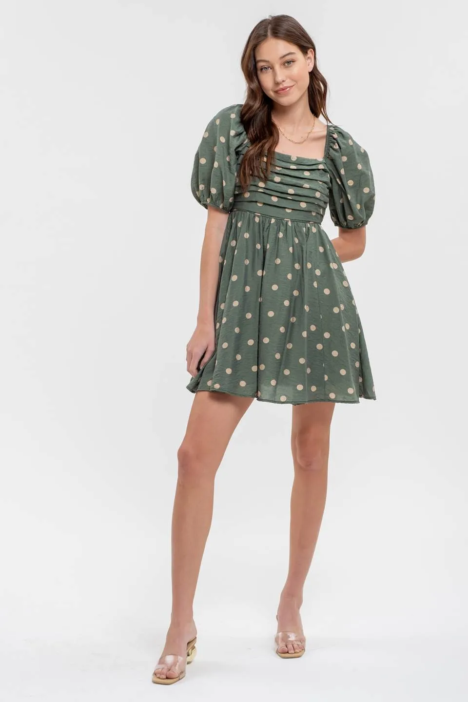 POLKA DOT BALLOON SLEEVE PLEATED MINI DRESS