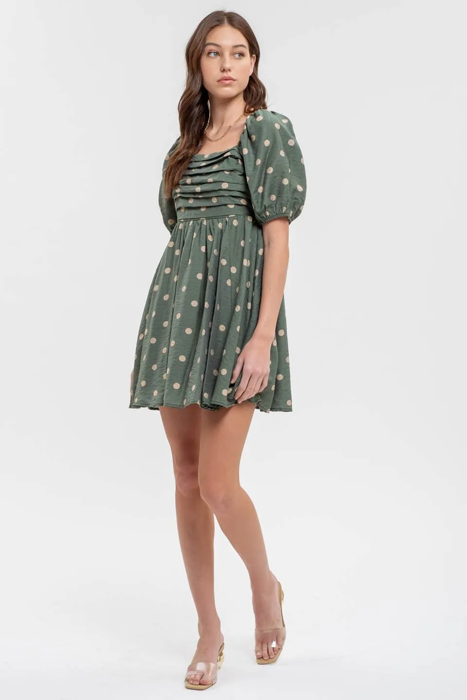 POLKA DOT BALLOON SLEEVE PLEATED MINI DRESS