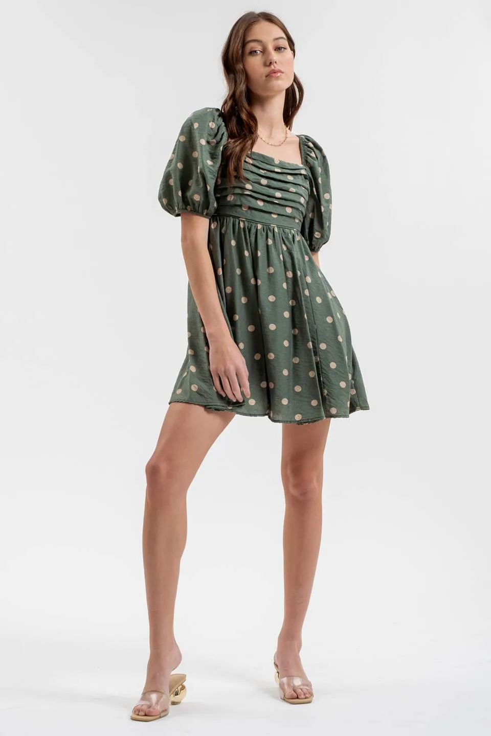 POLKA DOT BALLOON SLEEVE PLEATED MINI DRESS