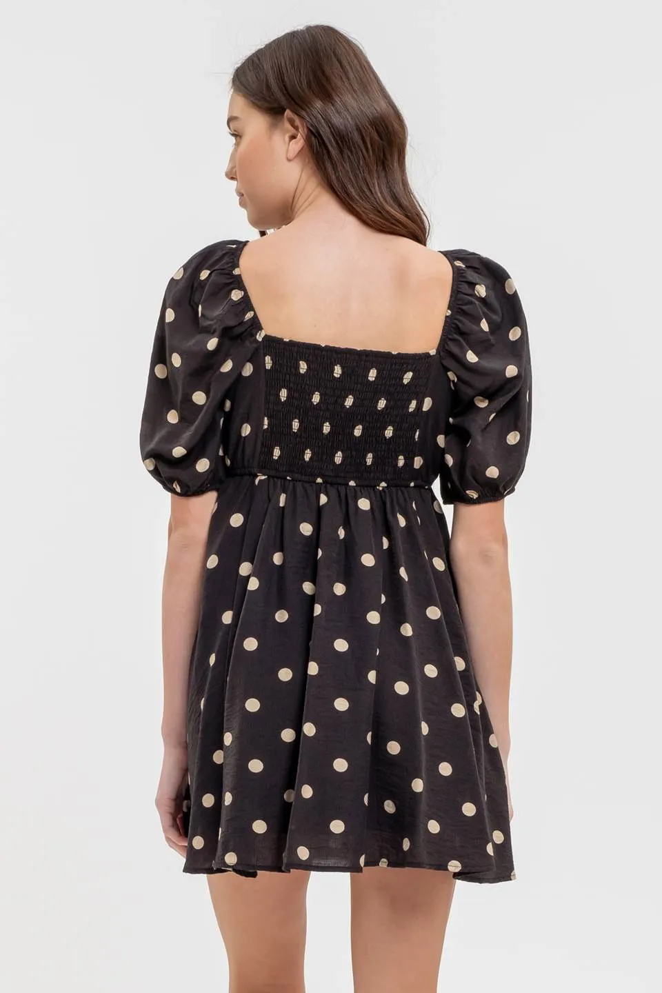 POLKA DOT BALLOON SLEEVE PLEATED MINI DRESS