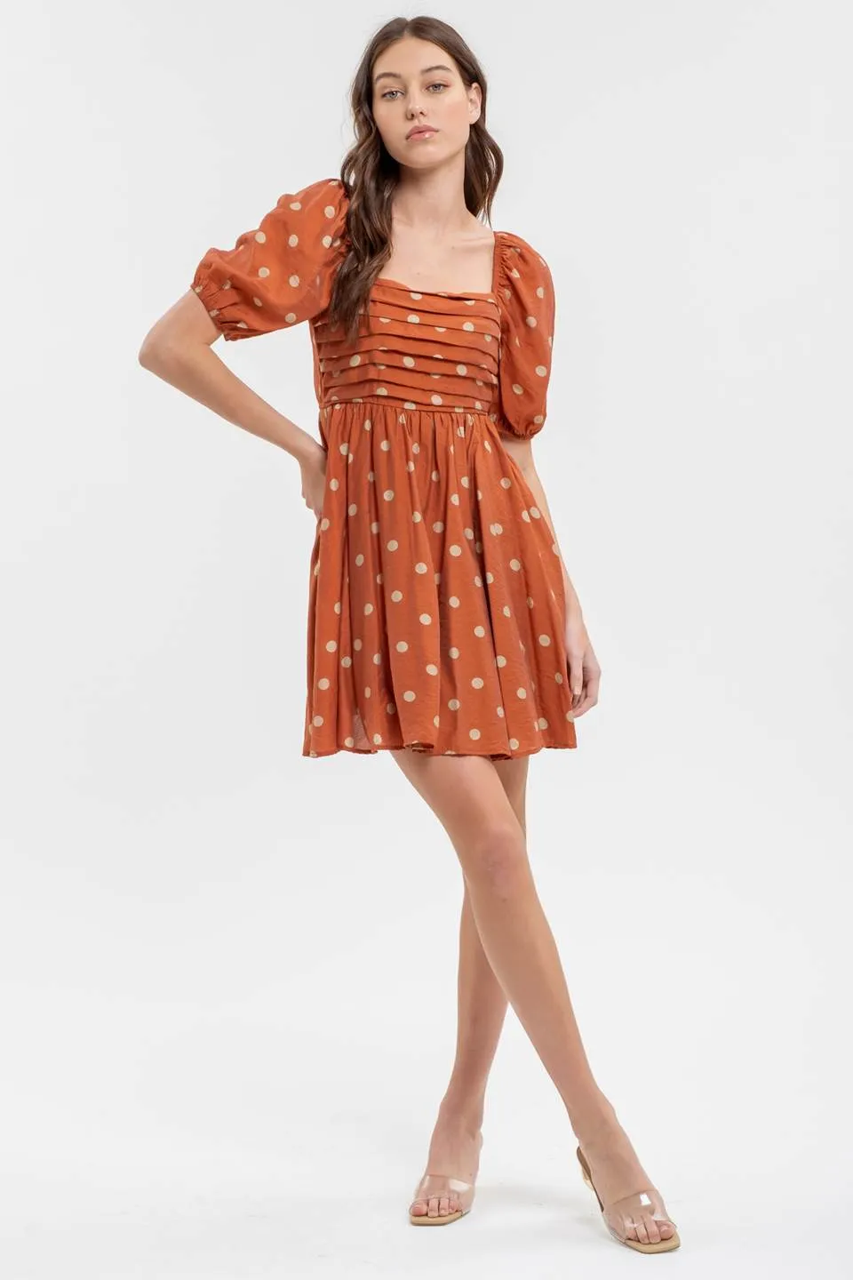 POLKA DOT BALLOON SLEEVE PLEATED MINI DRESS