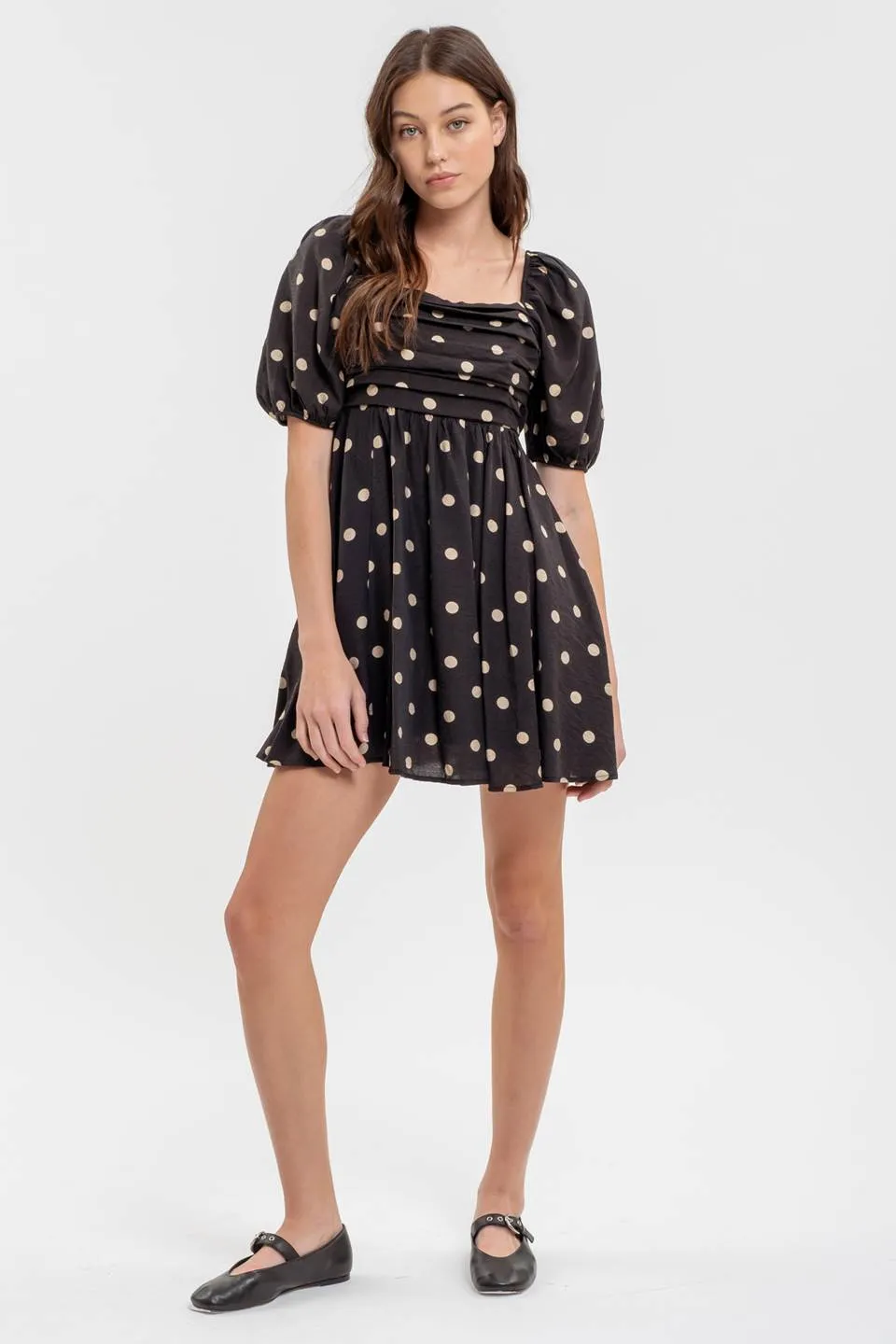 POLKA DOT BALLOON SLEEVE PLEATED MINI DRESS