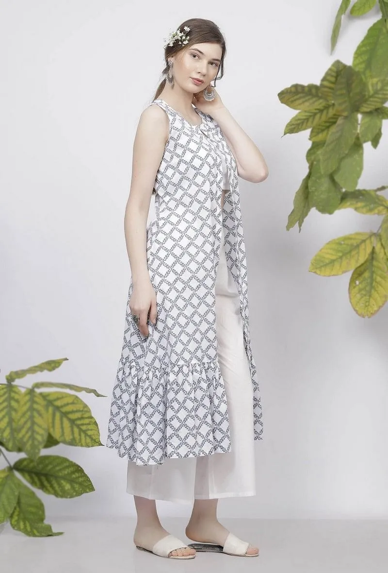 Powder Blue Criss Cross Block-Printed Gathered Sleeveless Cotton Cape