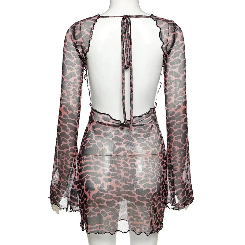 Print Backless See-Through Night Clubwear Sexy Flared Sleeves Lace Up Bodycon Mini Summer Leopard Dress