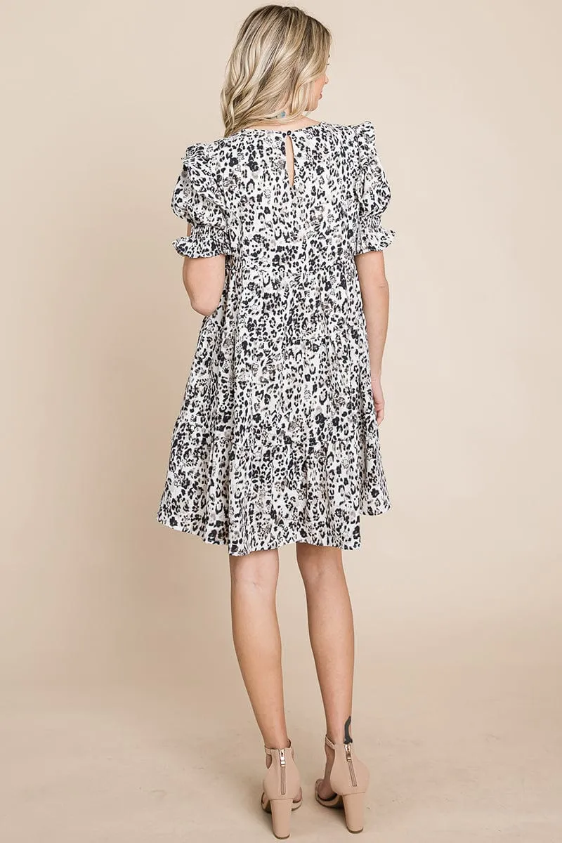 Printed Ruffle Short Sleeve Tiered Swing Dress