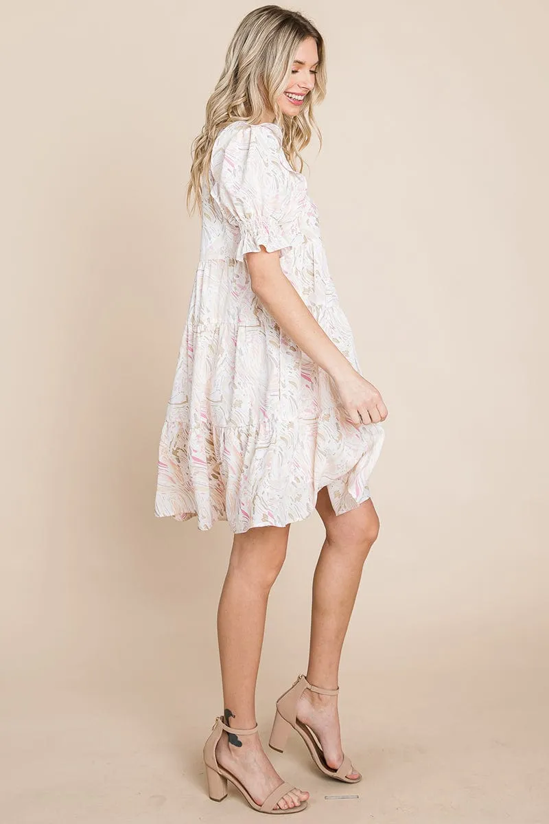 Printed Ruffle Short Sleeve Tiered Swing Dress