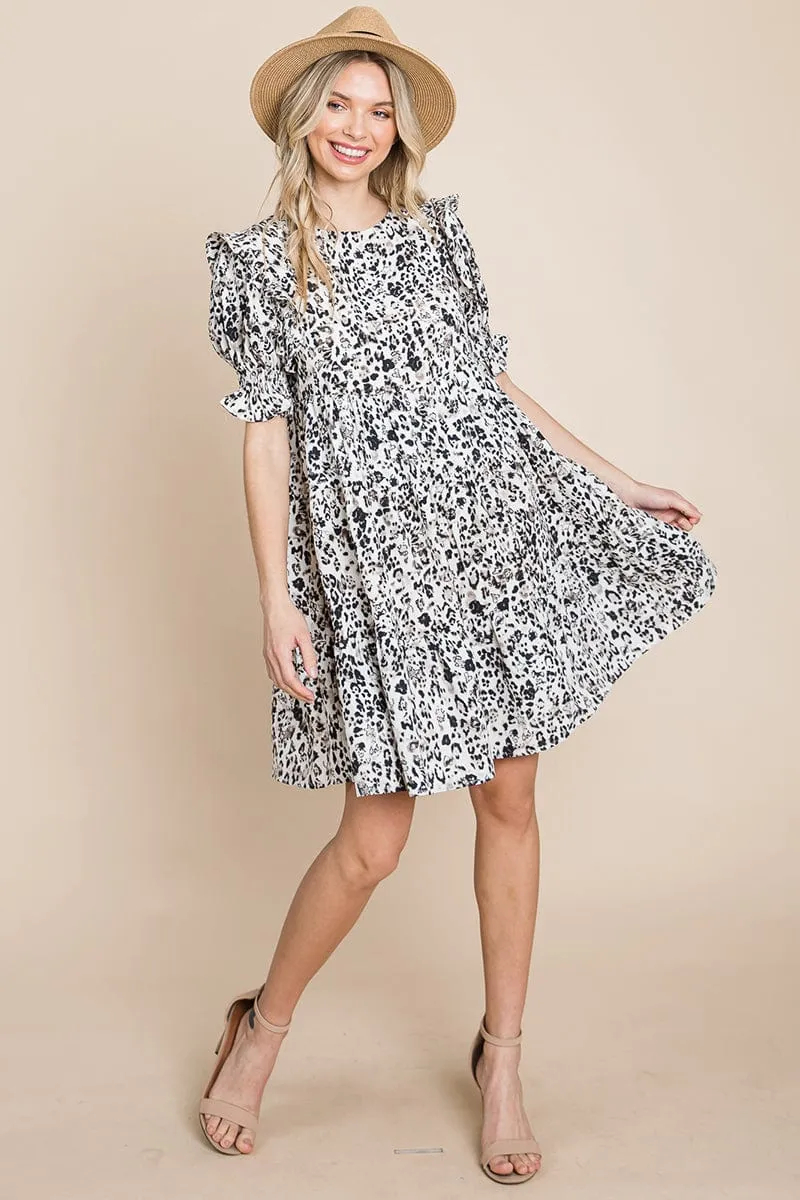 Printed Ruffle Short Sleeve Tiered Swing Dress