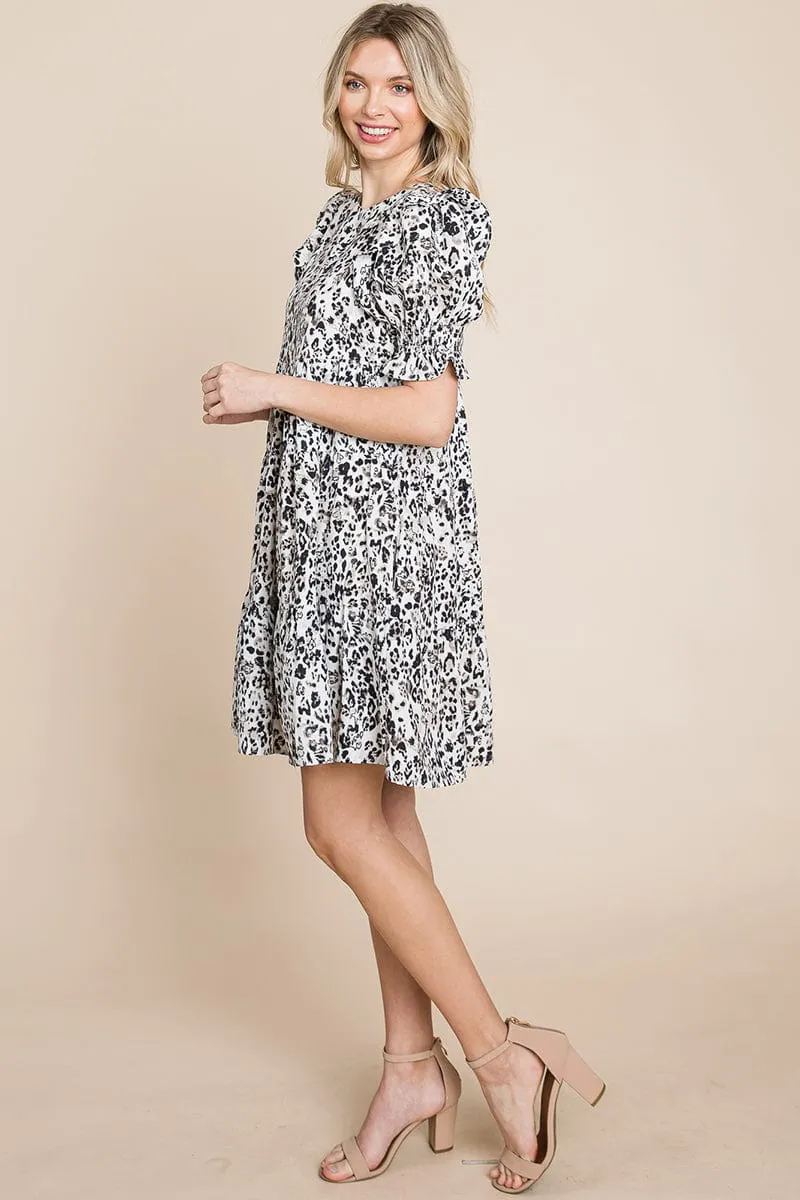 Printed Ruffle Short Sleeve Tiered Swing Dress